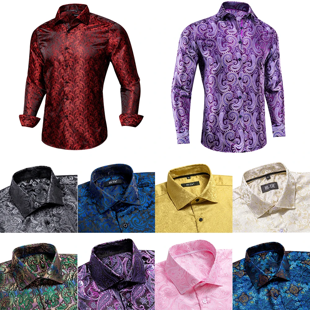 Hi-Tie Spring Autumn Mens Shirts Silk Red Black Paisley Suit Turndown Collar Shirt Casual Formal for Male Wedding Business Gifts