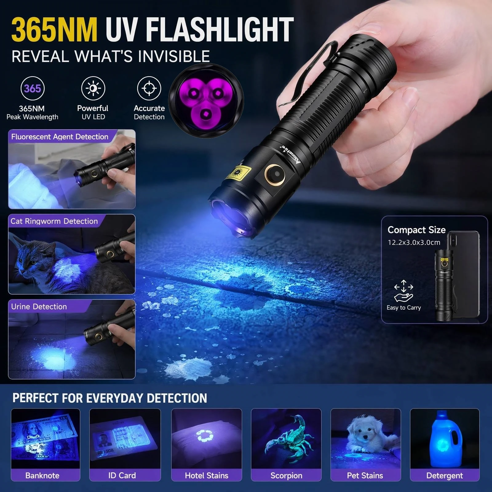 Alonefire 365nm/395nm UV-LED-Schwarzlicht Hochleistungs-Taschenlampe zur Erkennung von Haustier-Urins, Tinea, Erz, Geld, Jade und Skorpionen – Detail 2