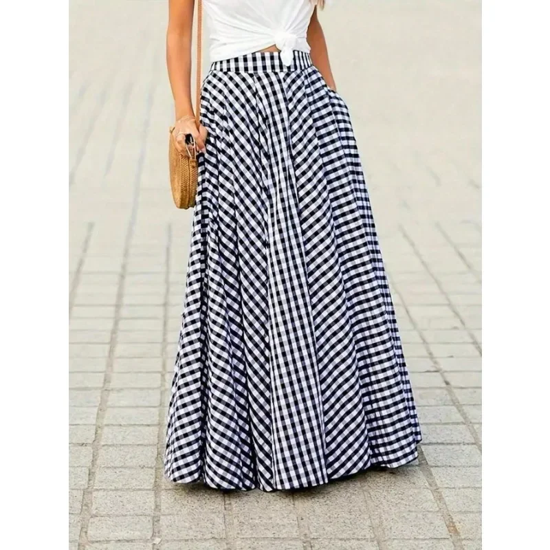Plus Size Elegant High Waisted Long Dress Women Summer Commuting Plaid Big Skirt Wide Leg Design Fashion