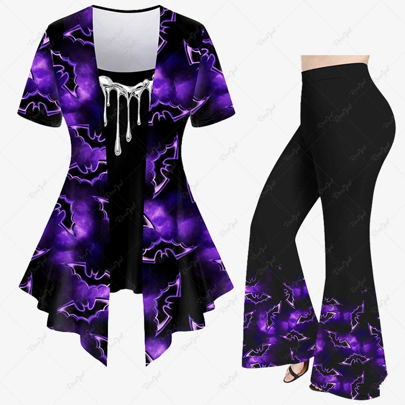 Plus Size Halloween 3D Skull Bat Pumpkin Ghost Spider Web Print Women\'s 2 In 1 T-shirt Or Flare Pants Daily Casual Matching Set