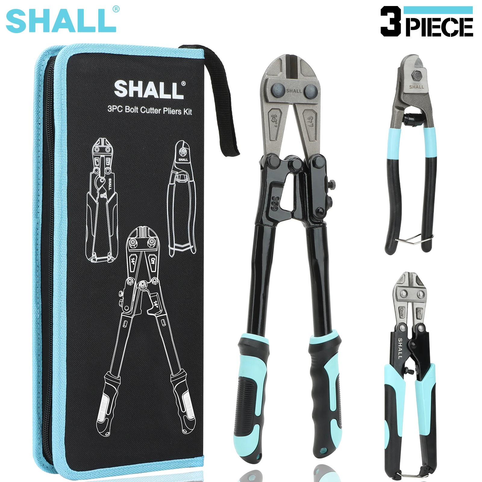 SHALL 3-Piece Bolt Cutters with Carrying Case Heavy Duty Bolt Cutter For Cutting Steel Wire Chain Locks Cable Adjustable Opening