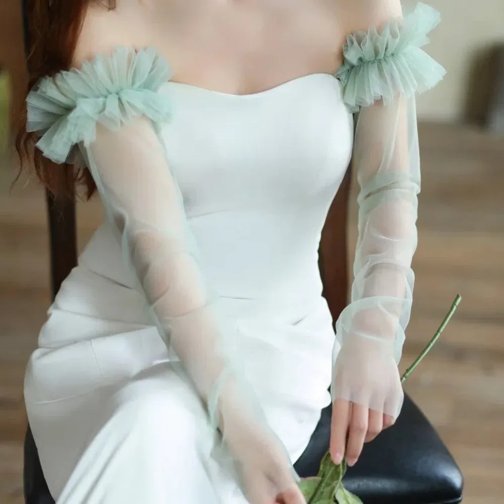 Elegant Long Sleeves Bridal Sleeves Pleated Transparent Arm Covers Removable Multiple Colors Gauze Sleeves Dresses
