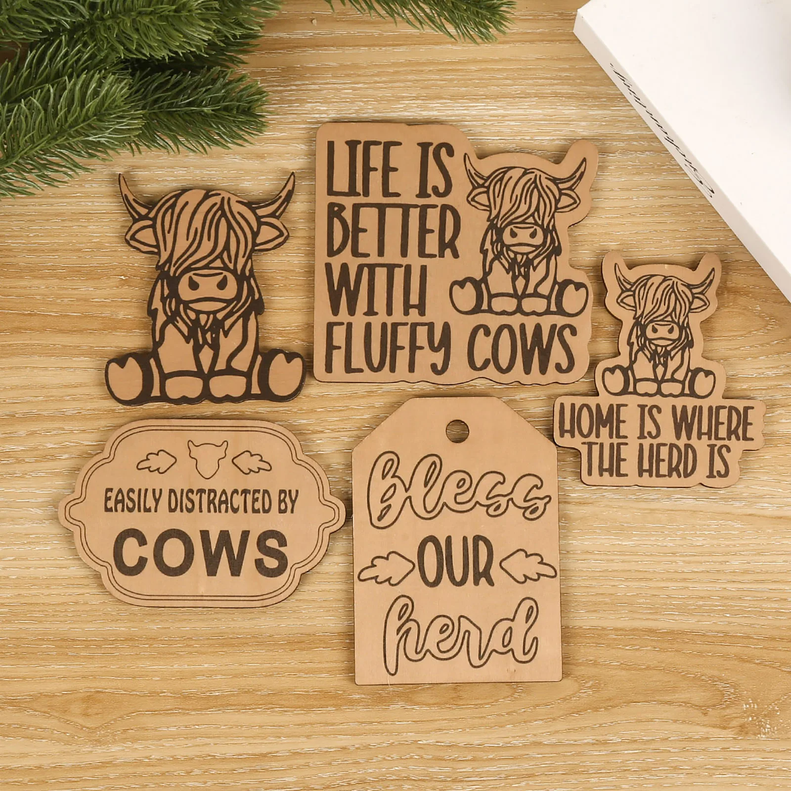 Highland Cow Tiered Tray Ornaments Bless Our Cows Wooden Sign Decorative Ornaments For Farmhouse Tabletop Decoration 1 Set