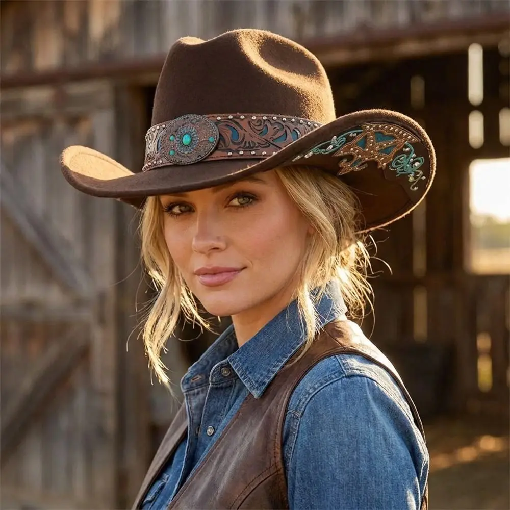 Retro Dress Up Western Cowboy Hat Turquoise Decor Wide Brim Western Cowgirl Hat Panama Jazz Topper Hat Men Women