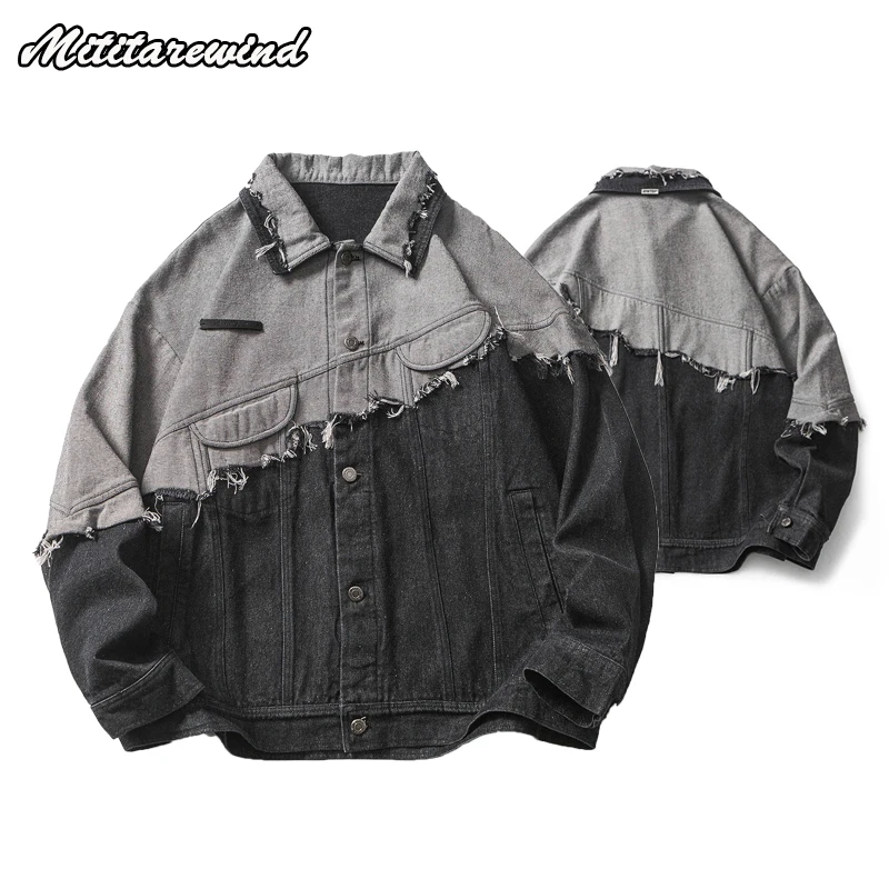 

Men's Jackets Spliced Damage Design Denim Coats Casual Ins Loose Niche Fashion High Street Y2k Youth Streetwear Vintage Retro