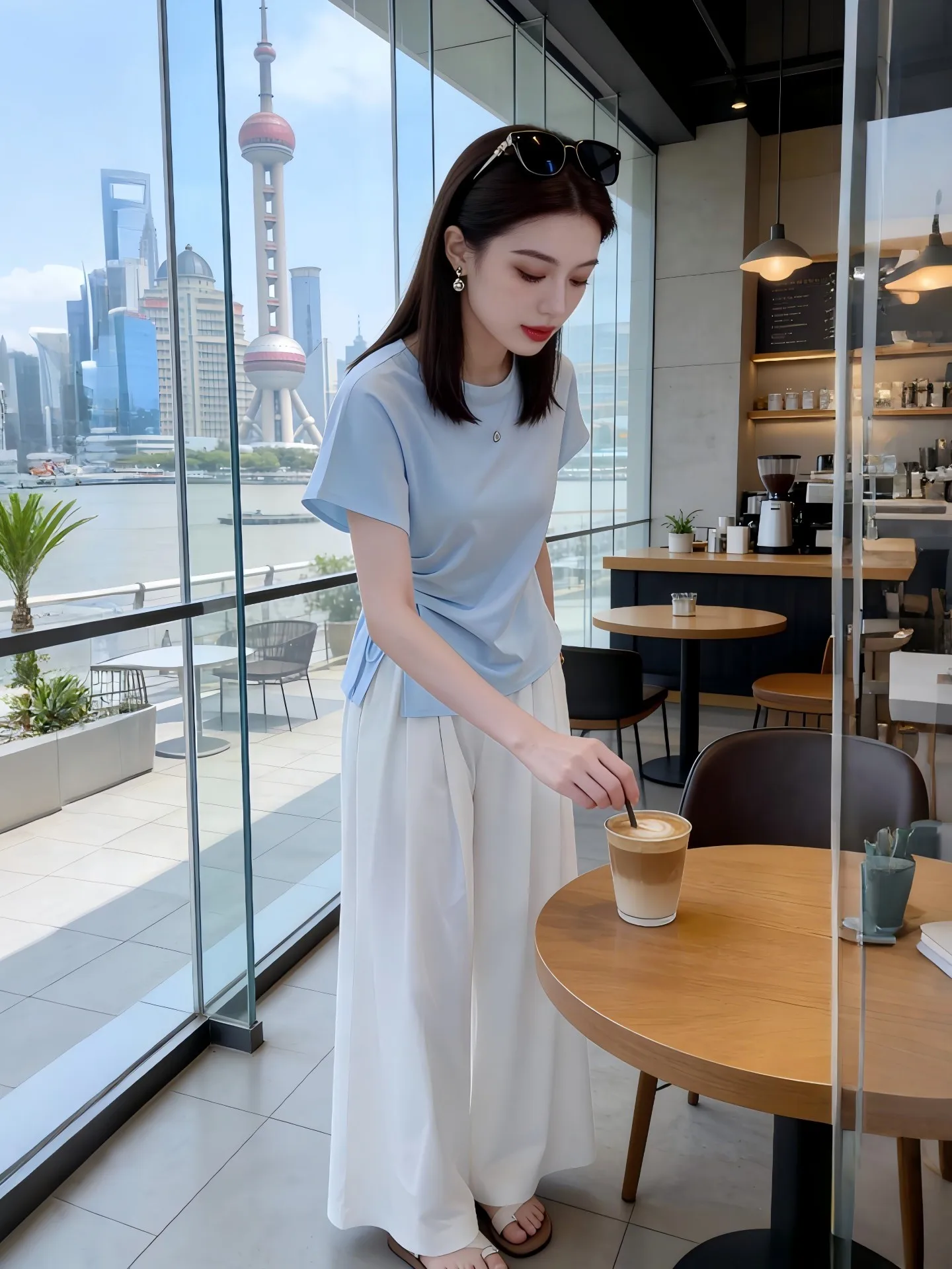 

Blue Knot Short Sleeve T-Shirt And White Wide Leg Pants Fashion Set Women's plus Size Summer Outfit Stylish Ensemble for Ladies