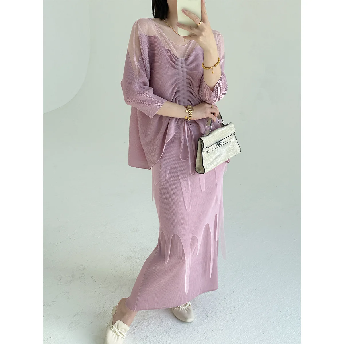 Miyake Folds 2026 New Spring Mesh Splicing Design Sense Pleated Fashion Suit Female Temperament Senior Elegant Two-piece Set