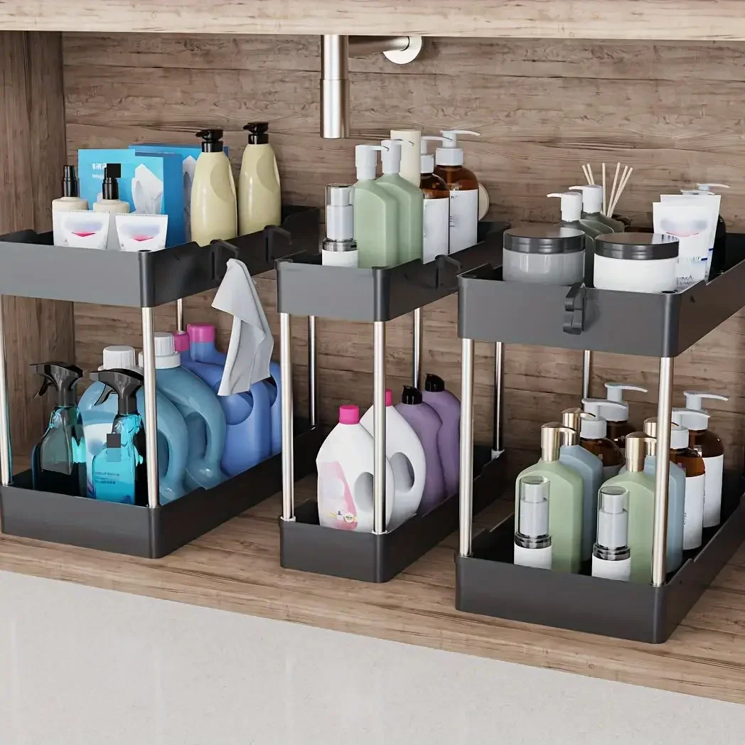 3Pcs/Set Under Sink Organizer 2-Tier Storage Rack Kitchen Cabinet Shelf Bathroom Vanity Countertop Container Space Saver Cleaning Supplies Holder Small Medium Large Multipurpose Pantry Shelving Home Organization view 2