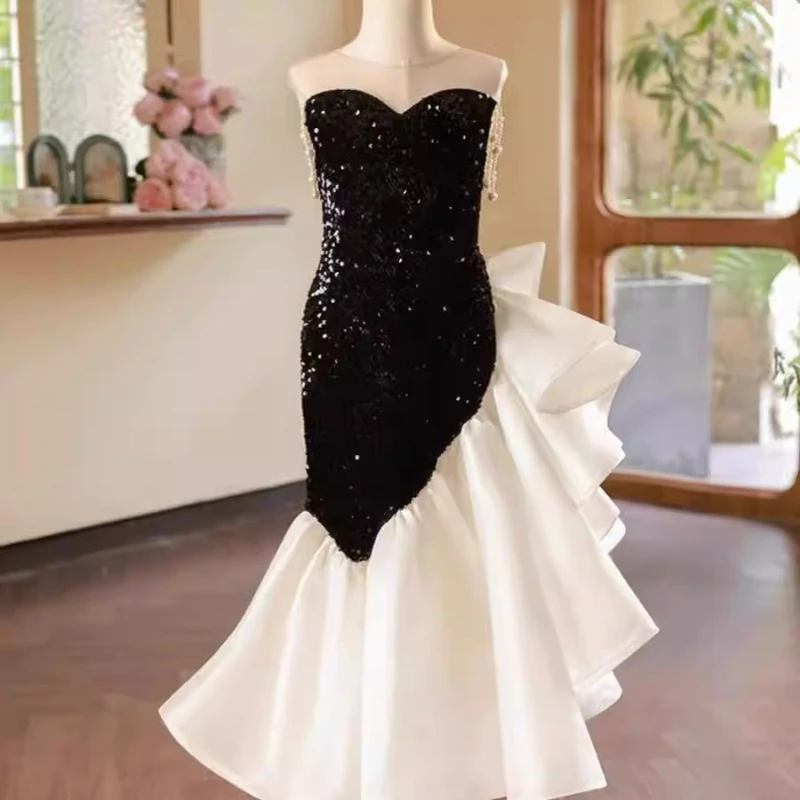 Black Sequin Strapless Princess Dress Girls Pageant Performance Gown Children Model Show Evening Birthday Party Occasion Outfit