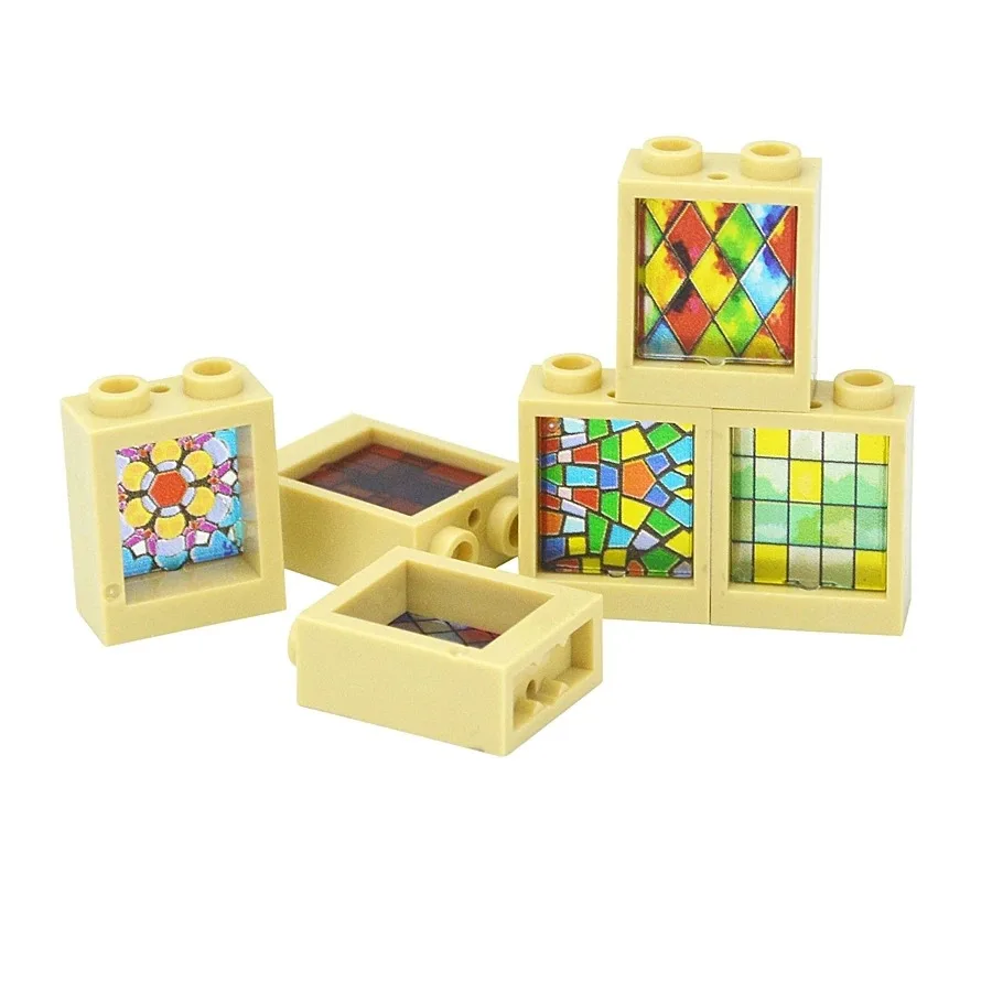 10pcs Glass Windows Doors Wall 1x2x2 with Pattern Print Window Church Assemblage Construction Thick Brick Building Block Toys