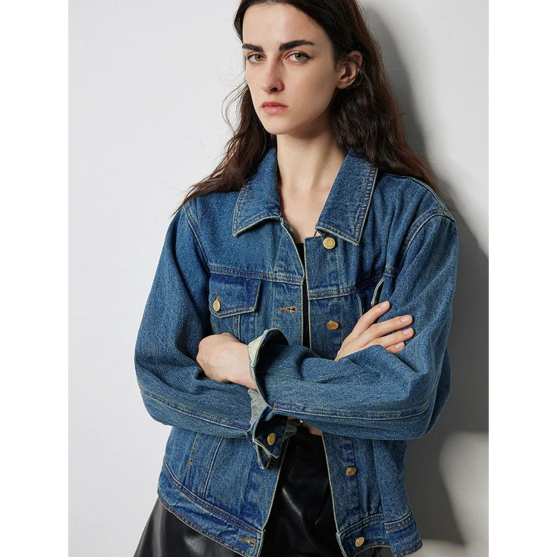 TOYOUTH Women Denim Jacket 2024 Autumn New Jacquard Long Sleeve Button Closure Flap Pockets Stone Washed Jacket Coat