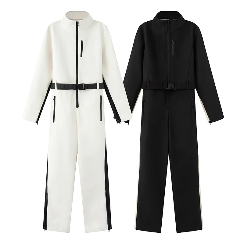 

2025 Women's Elegant Skateboard One-piece Fleece Ski Bodysuit Female Long Sleeve Waterproof Windproof Patchwork Skiing Jumpsuits