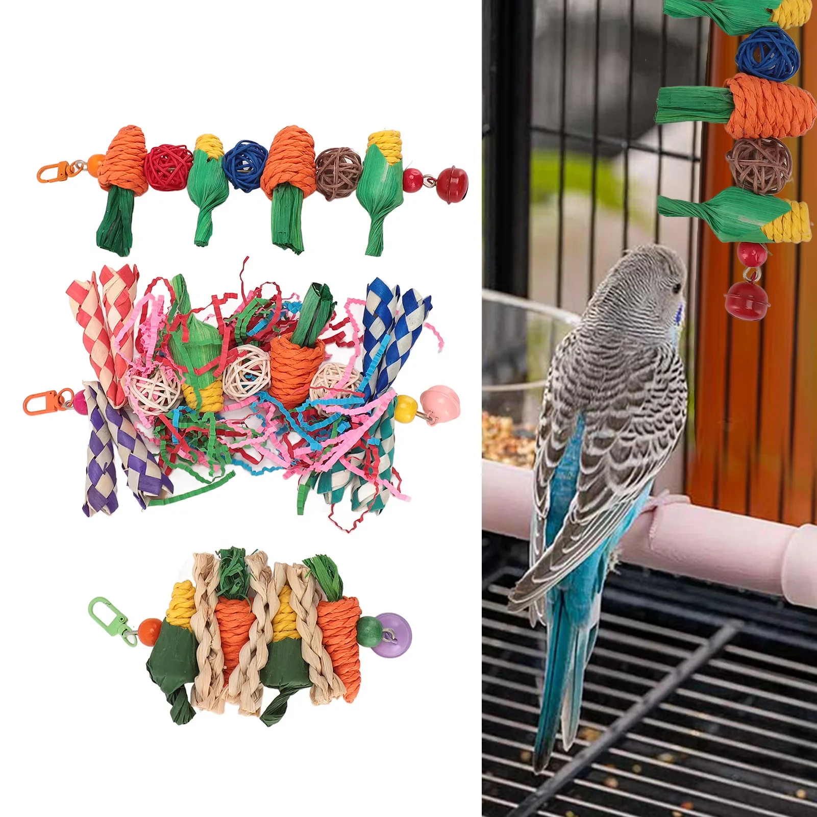 Parrot Chew Toys Set, Birds Shredding Foraging Toys, Bite Resistant, Anxiety Reduction Cage, Hanging Toy for Parakeets Lovebirds