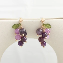 Vintage Purple Crystal Grape Leaf Earrings Sweet Smooth Irregular Geometric Ball Fruit No Pierced Clip on Earrings for Women