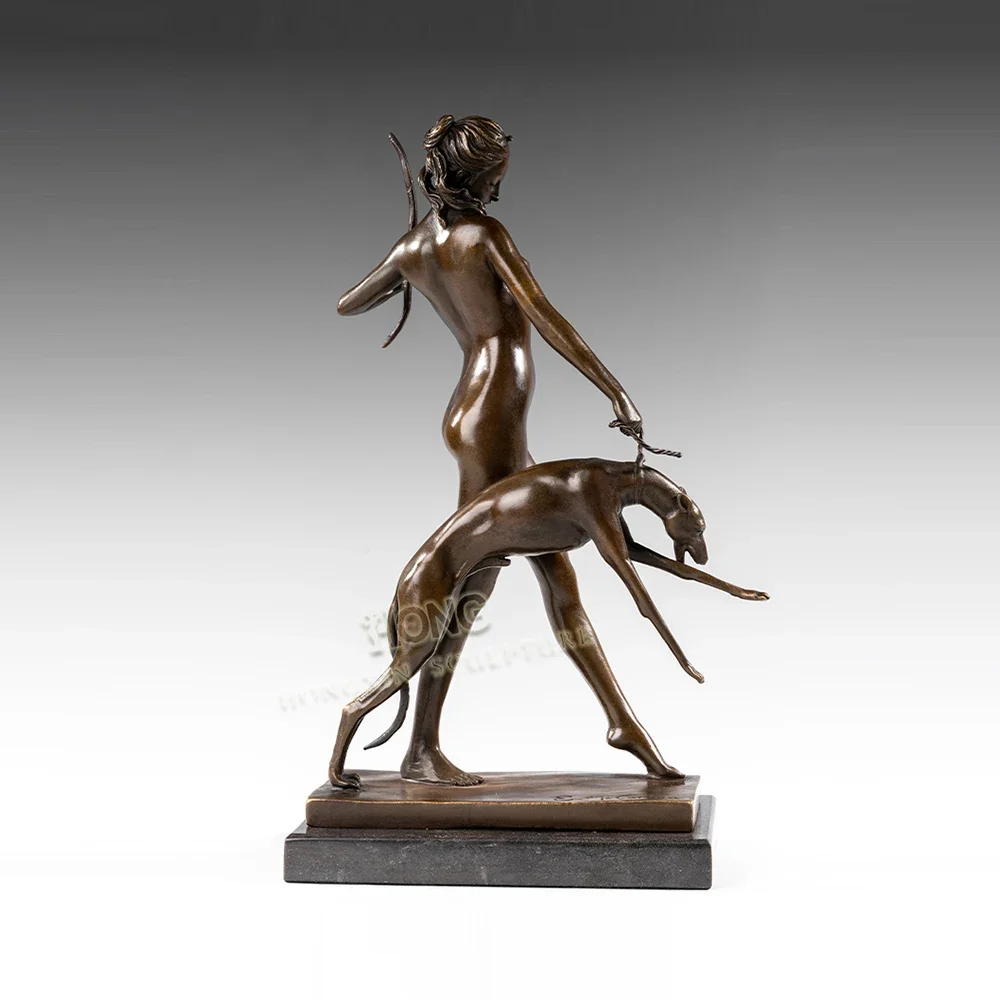 Artemis Diana Bronze Statue The Huntress Goddess Diana With Dog Sculpture on Marble Base Mythological Art Crafts For Home Decor