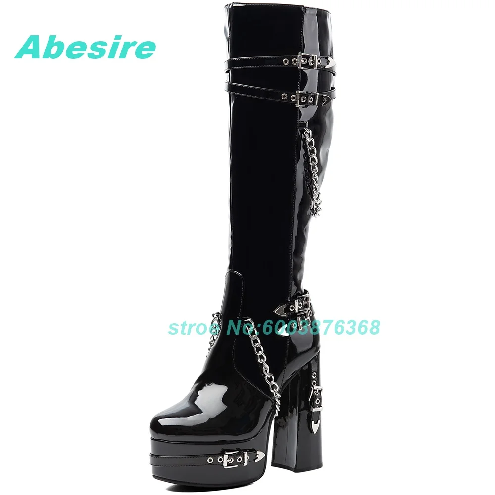 Women Black Patent Leather Platform Knee High Boots Punk Studded Chain Chunky Block Heel Boots Gothic Y2K Party Nightclub Shoes