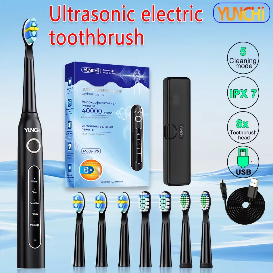 

YUNCHI ultrasonic electric toothbrush with 5 operation modes and 40000 high-frequency vibrations.USB charging, waterproof