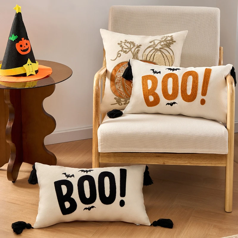 30X50CM Halloween Brown Throw Pillow Cover Embroidery Tassels Stamping Waist Cushion Cover Decor Home Decorative Pillowcase
