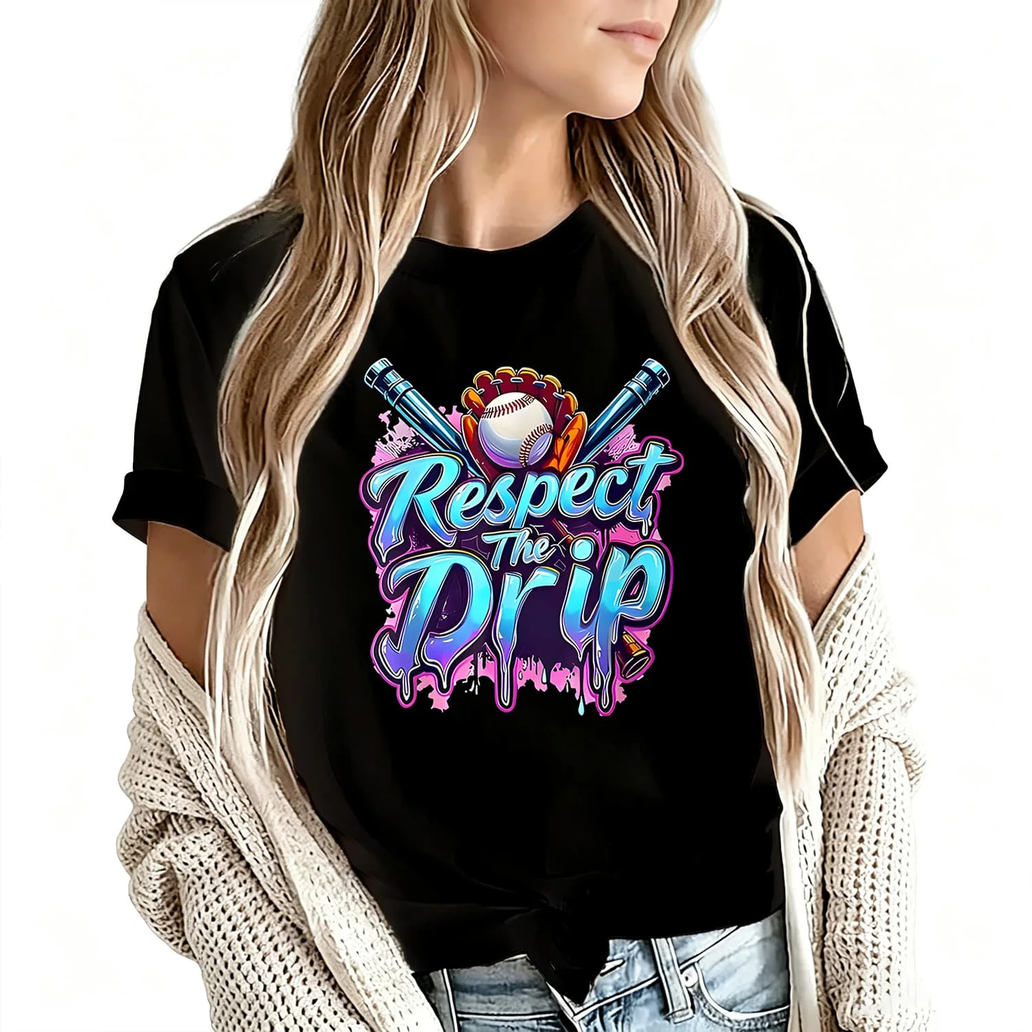Baseball Respect the Drip Women's T-Shirt 100% Cotton Funny Graphic Short Sleeve Tee Novelty Shirt Casual Crew Neck Top S-5Xl