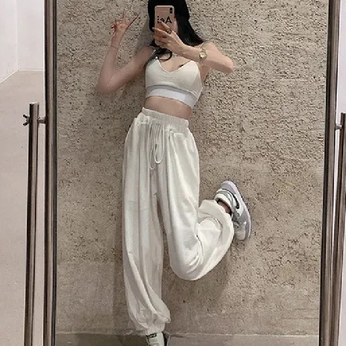 White Casual Hiphop Street Dance Women's Pants Loose Drapey Jazz Style Trousers High Waist Elastic Waistband Fashion Brand