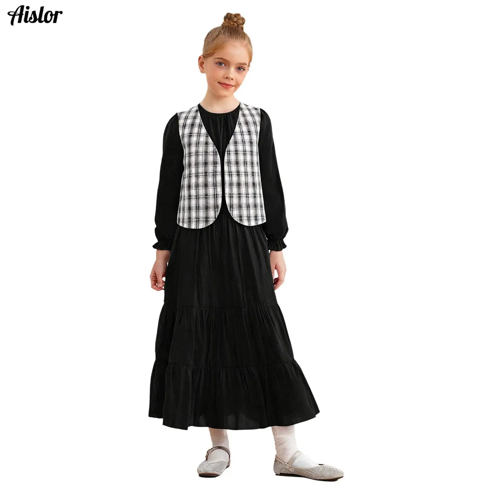 

Kids Girls Dress 2Pcs Long Puff Sleeves Smocked Waist Tiered Ruffled Dress and Plaid Checkers Vest Open Waistcoat for Birthday