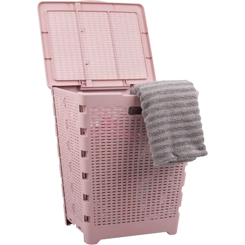 61L Foldable Laundry Hamper, Clothes Basket, Lid, Wicker Design, Plastic, 18