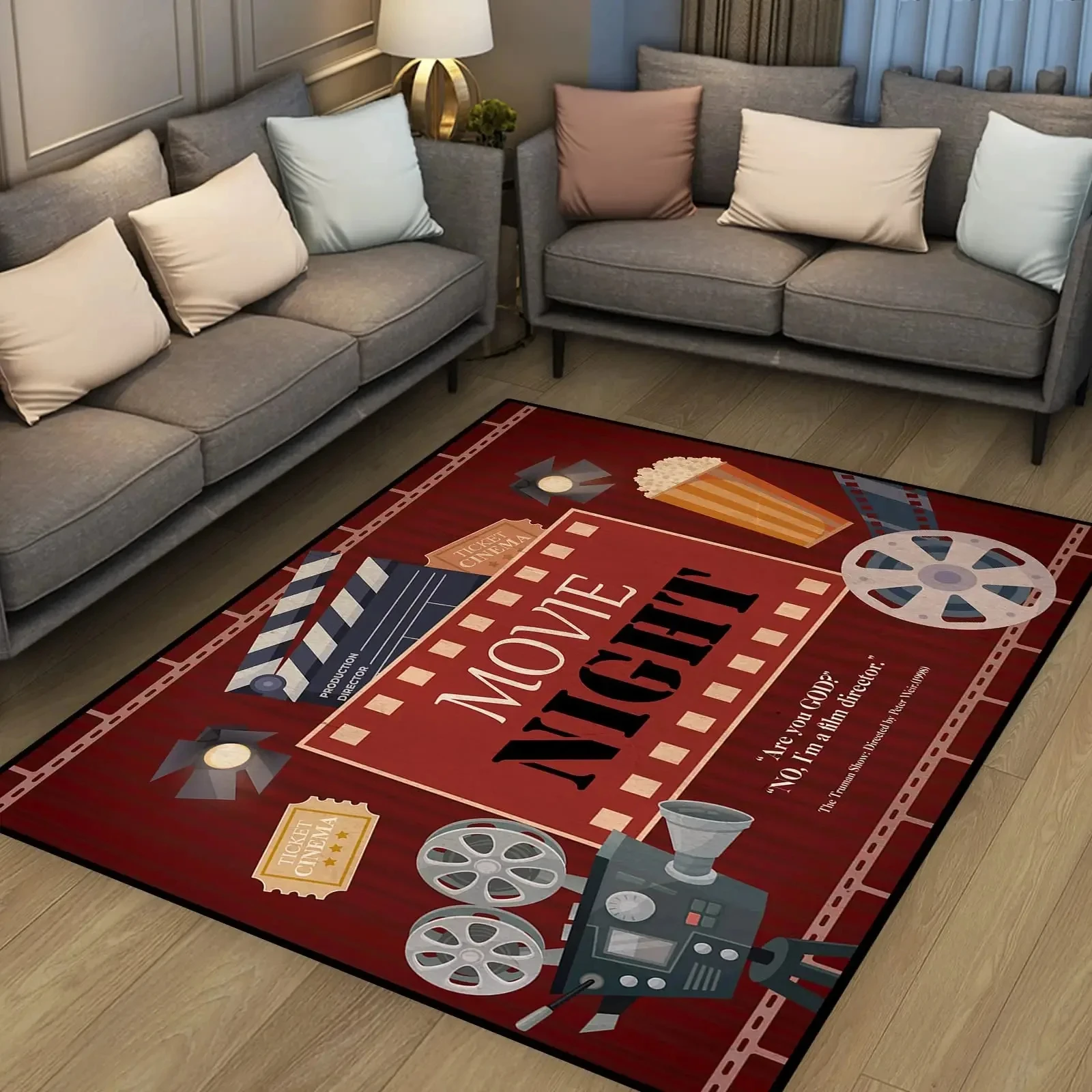 Movie Night Home Theater Floor Mat Non-Slip Retro Cinema Sign Carpet Vintage Film Rugs for Home Cinema Living Room Bedroom Decor