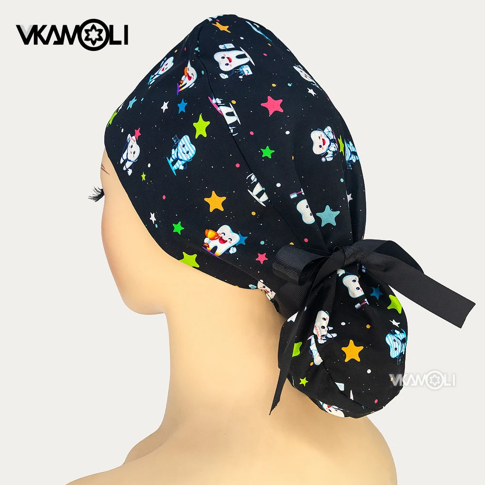 Dental Black Printed Female Long Hair Ponytail Hat Tie the Ribbon Surgical Hat