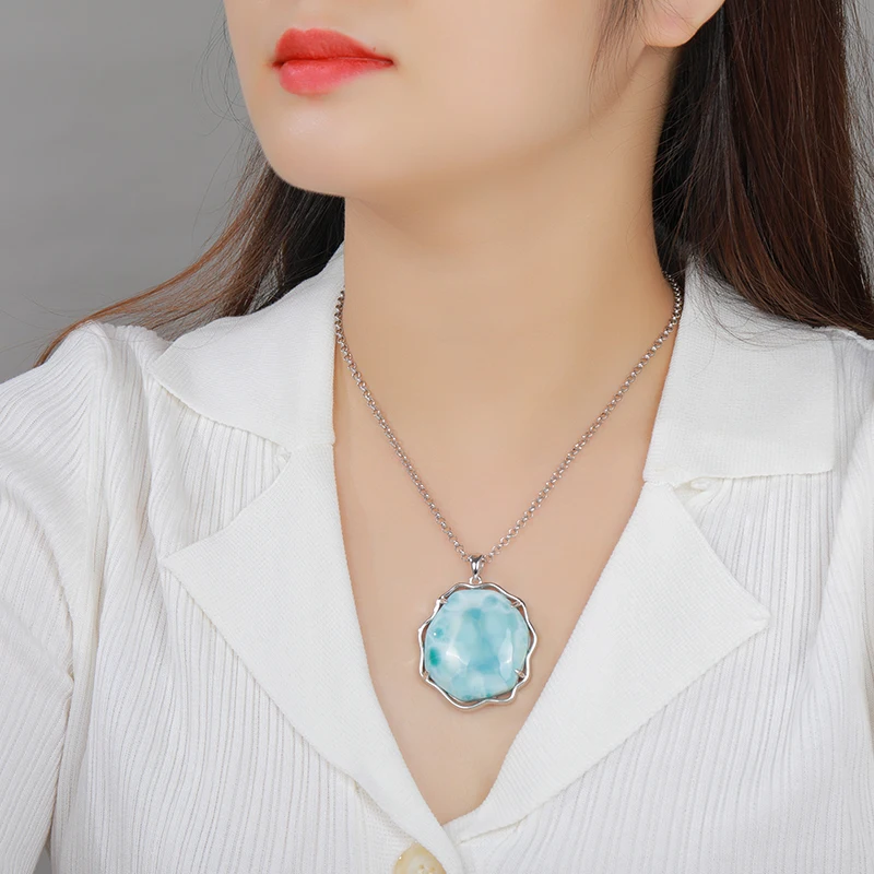 XYOP 925 Silver Gift Natural Blue Larimar Atmospheric circular Pendant, Collection Of Unique Wedding Party Occasions Fairy High