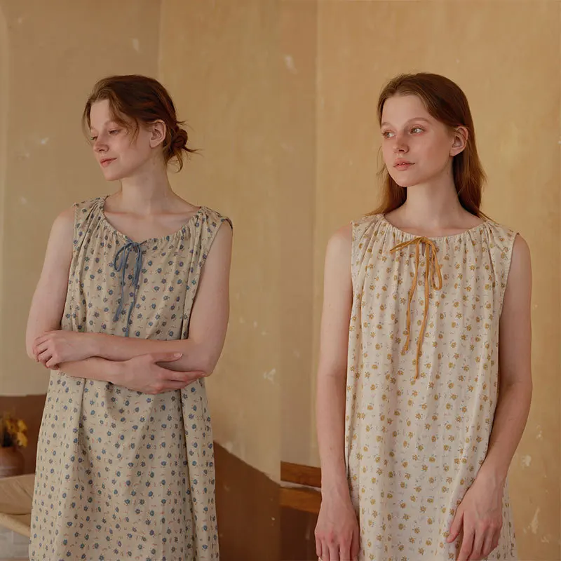 

Vintage Floral 100%Cotton Nightgowns For Women Sleeveless Sleepwear Princess Elegant Summer Girls Loose Home Dress