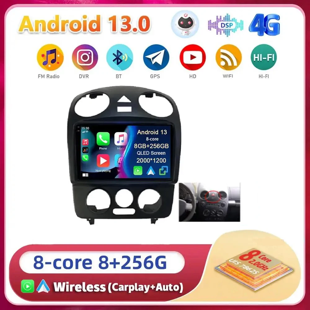 For VW Volkswagen Beetle 2000 - 2009 2010 2011 2012 Android 13 Carplay Auto Multimedia Car Radio Player DSP WIFI+4G Stereo 2 Din