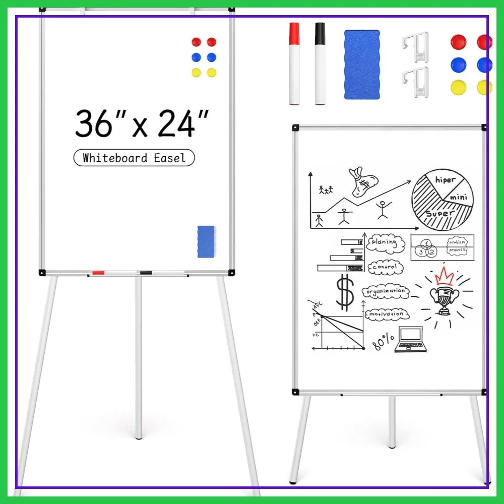 

36x24 Magnetic Whiteboard Easel with Height Adjustable Tripod Stand, Dry Erase Presentation Board, 6 Magnets, 2 Pens, 1 Eraser