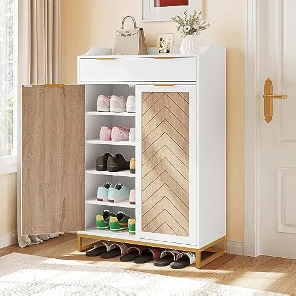 Shoe Cabinet Entryway with Doors, 5-Tier Shoe Storage Cabinet with Drawer, Large Capacity Wooden Shoes Rack Organizer