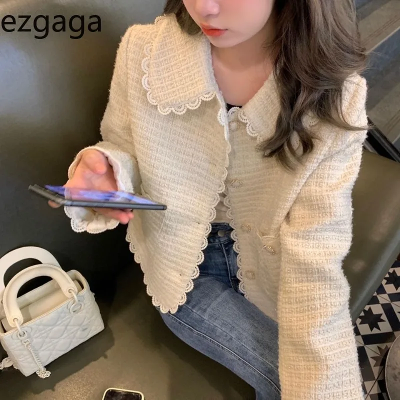 Ezgaga Jackets Women Ruffles Patchwork Peter Pan Collar Autumn New Fashion Elegant Cropped Coats Office Lady Fashion Tops