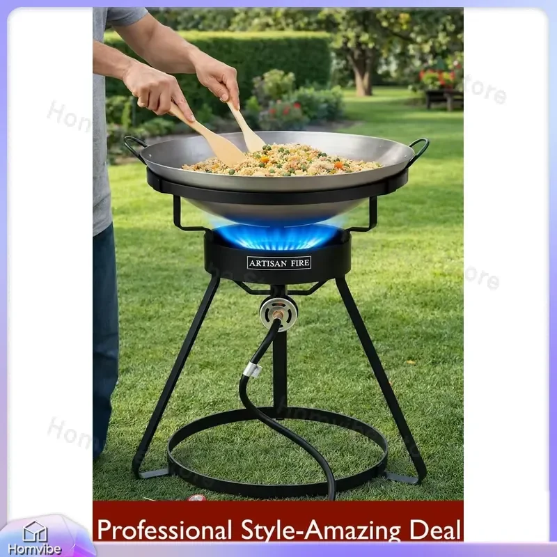 

Outdoor Propane Grill BBQ Grill with Iron Wok Stand High Pressure Burner 55000 BTU Portable Gas Grill for Backyard Camping