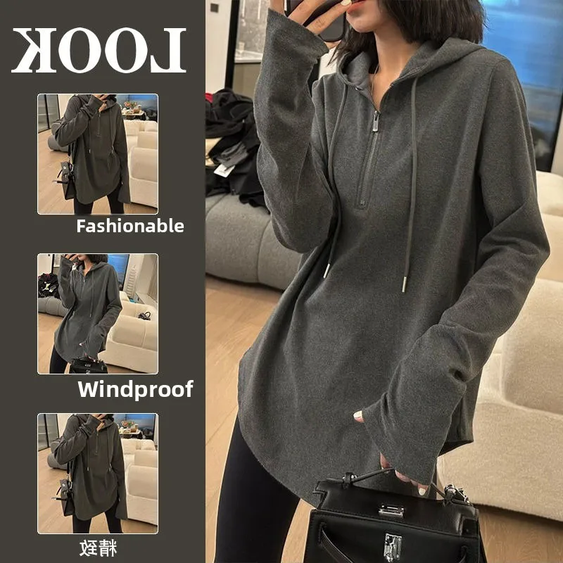 

plus Size Women's Hooded Fce Lined T-irt Casual Inner Wear Loose Fit Comfortable Base Layer Top Korean Sle Spring Dr