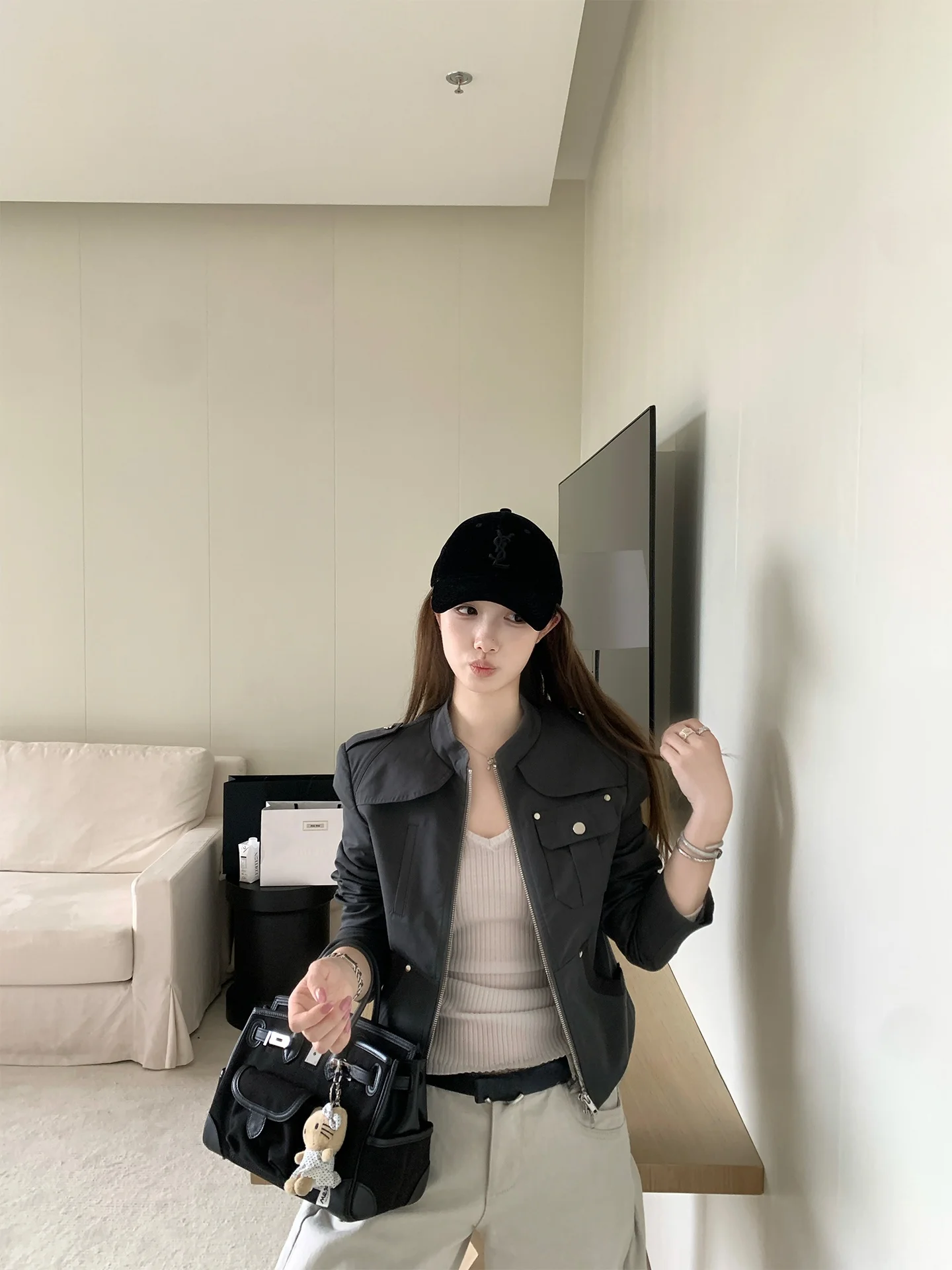 Slimming Faux Leather Jaet Stand Collar Workwear Sle Early Spring Faion Design Zipper Decoration Stand Fit Ladies Coat