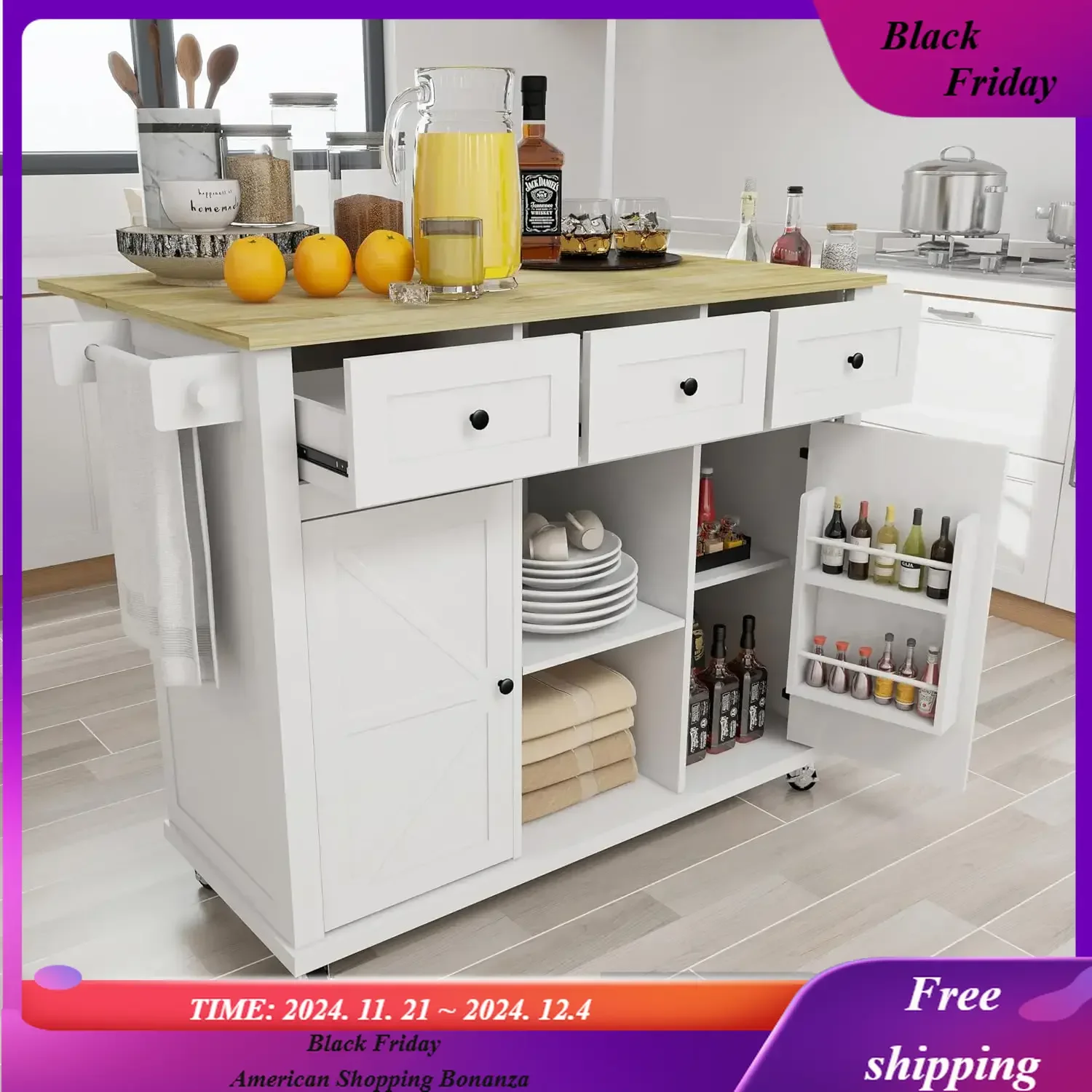 Kitchen Island on Wheels, Kitchen Trolley with rubberwood and Foldable Table top, Mobile Kitchen Island