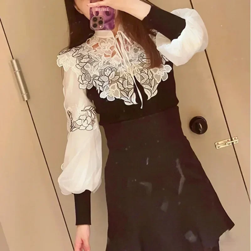 Bandage Bow Knitwears Lace Floral Sweater Long Sleeve Ropa Mujer Japan Stand Collar Pullover Spring 2024 Womens Clothing