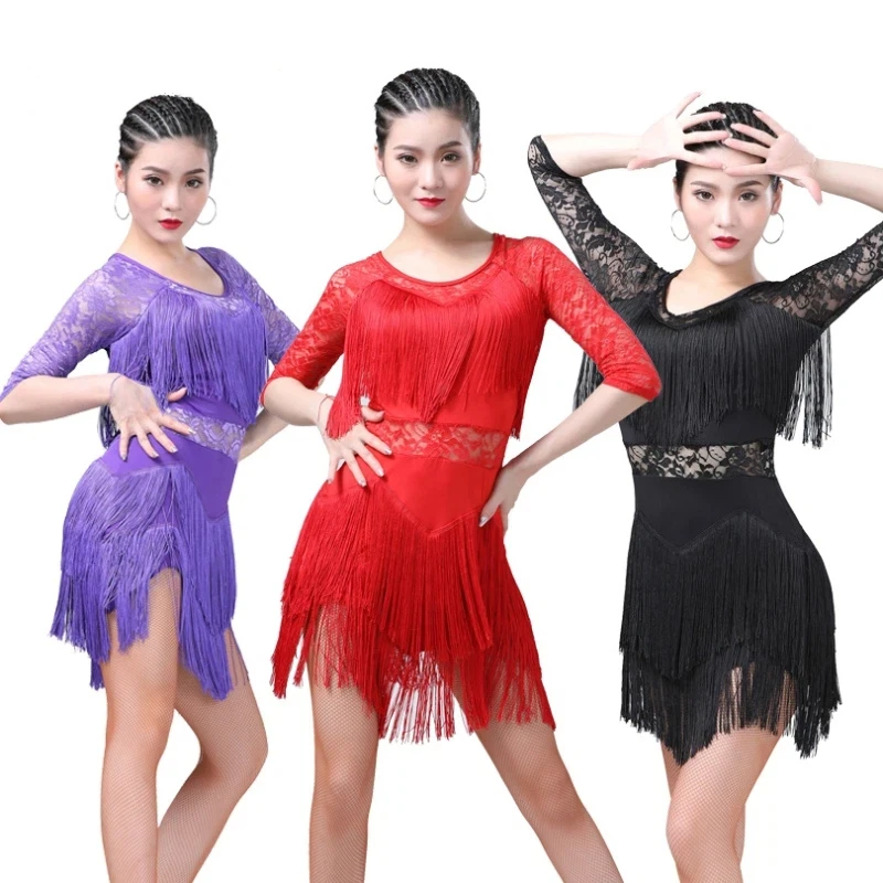 

Ladies' Latin Dance Practice Dress Sexy Mesh Sasa Tango Cha Dance Hall Dress Tassel Lace Splicing Adult Stage Performance Dress