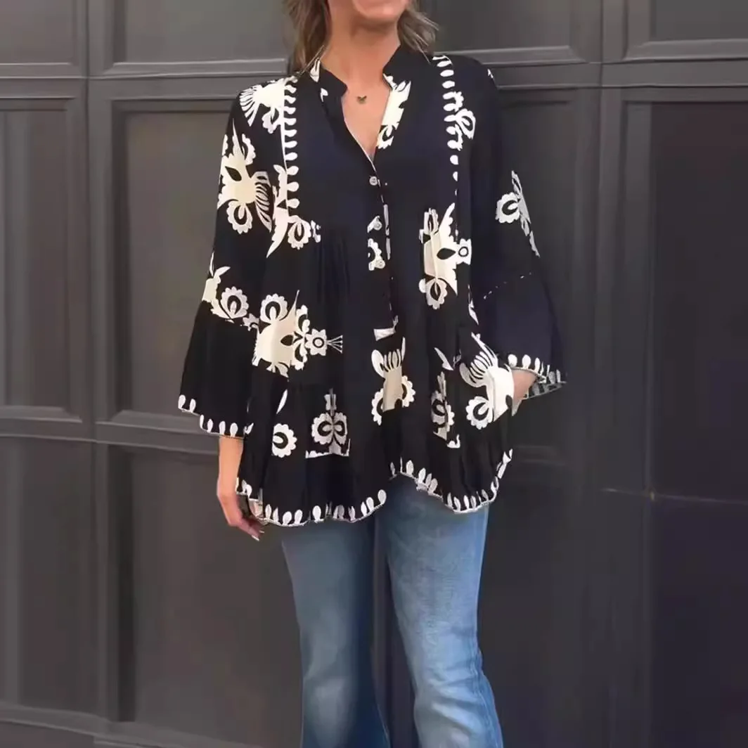 Dames Blouse Onregelmatige Print V-Hals Lange Mouw Knoop Uitlopende Mouw Ruches Shirt Losse Comfort Casual Mode 2024 Nieuw