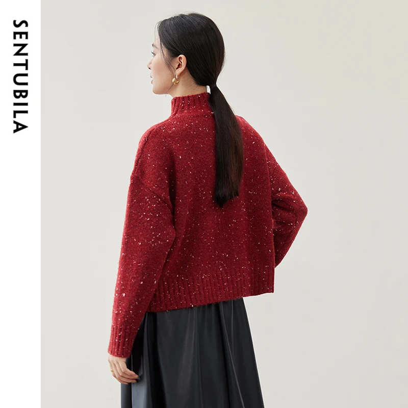 SENTUBILA Loose Fit Red Knitted Pullovers for Women Winter 2024 Wool Crew Collar Long Sleeve Short Women Sweater W44E5688