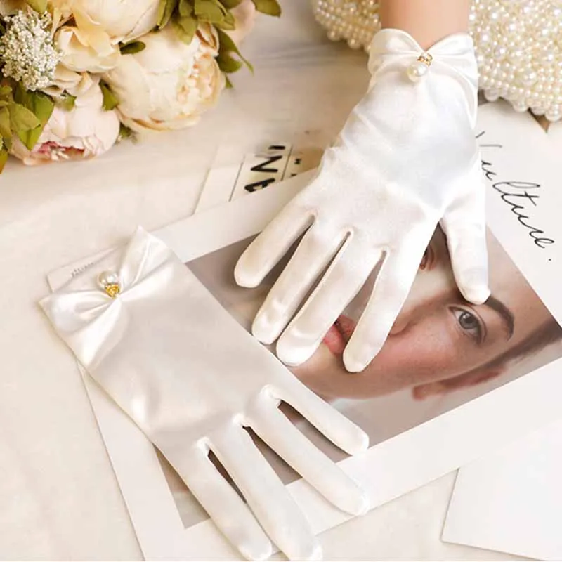 Women's Satin  Elegant Pearl Driving White Black Bridal Wedding Banquet Accessories Short Etiquette Dress Gloves