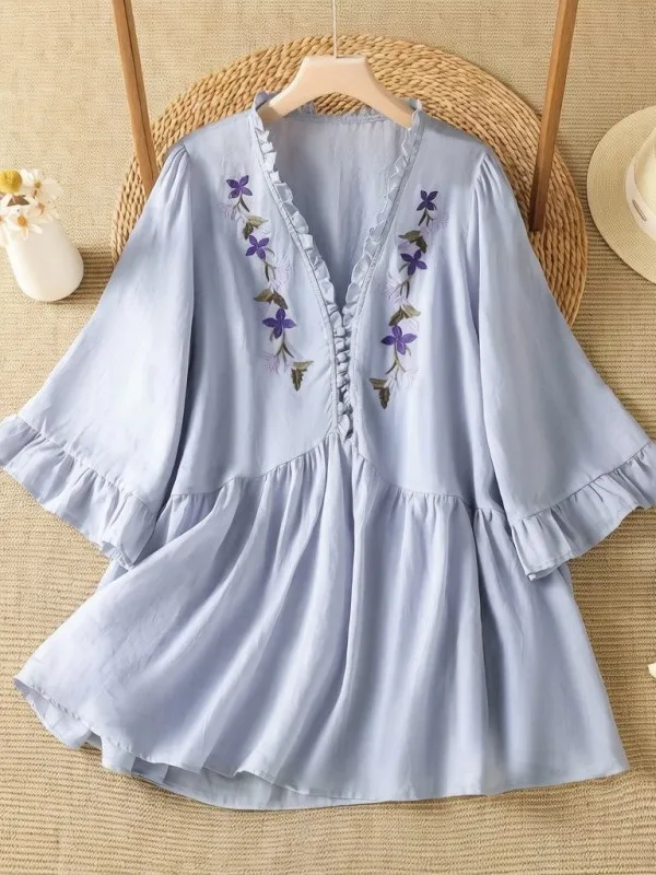 

Elegant Korean Style Embroidered Floral Shirt Women's plus Size Purple Gentle Pleated Casual Loose Fit Breathable Summer Top