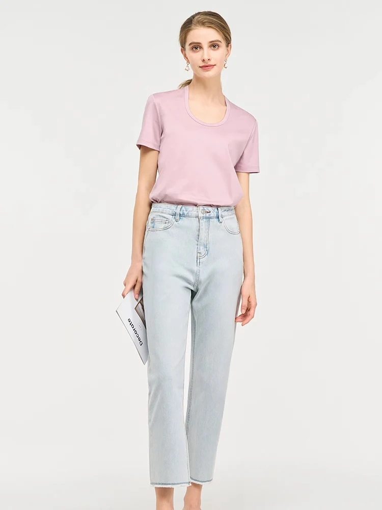 SuyaDream, Women Solid T Shirts, Silk Cotton Blend, Square Collar, Short Sleeved Tee, 2025 Summer Candy Colors Basic Cozy Top