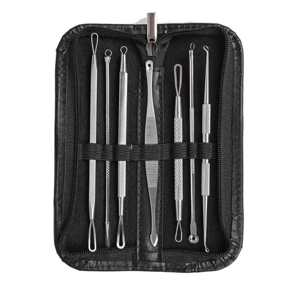 7pcs Blackhead Removal Tool Kit Stainless Steel Comedone Extractor For Acne Blemishes Pimples Facial Cleansing Tools Spoon Loop