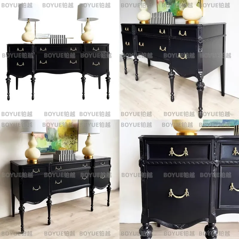 French Retro Solid Wood Entryway Cabinet Black Engraved Hallway Storage Console Table Living Room Decorative Partition