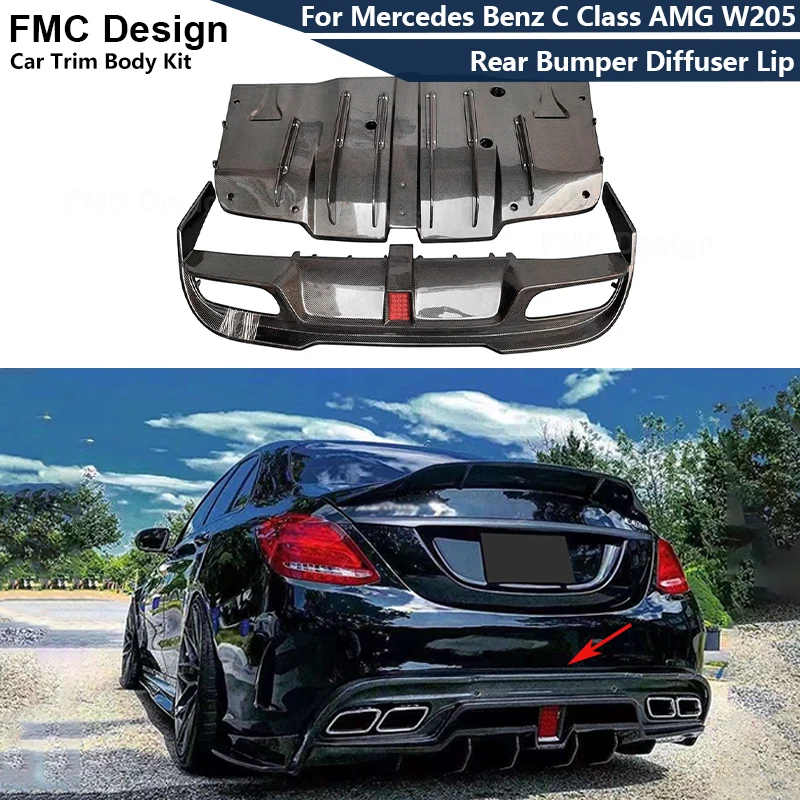 For Mercedes Benz C Class AMG W205 C43 C63 4 Doors C200 C220 C260L Carbon Fiber Car Rear Bumper Lip Diffuser Spoiler Parts kit