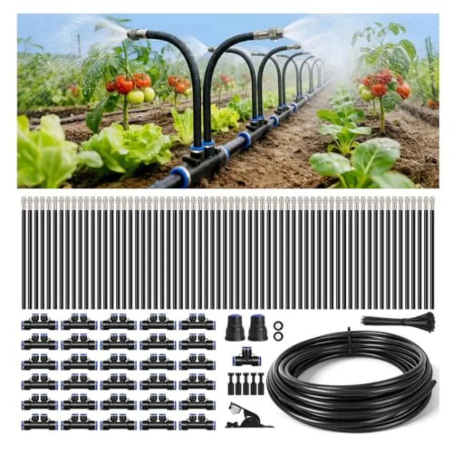 Garden irrigation system for raised beds and greenhouses: high-flow 1/2 tubing, green, 360 adjustable with 60 nozzles, dual-sid