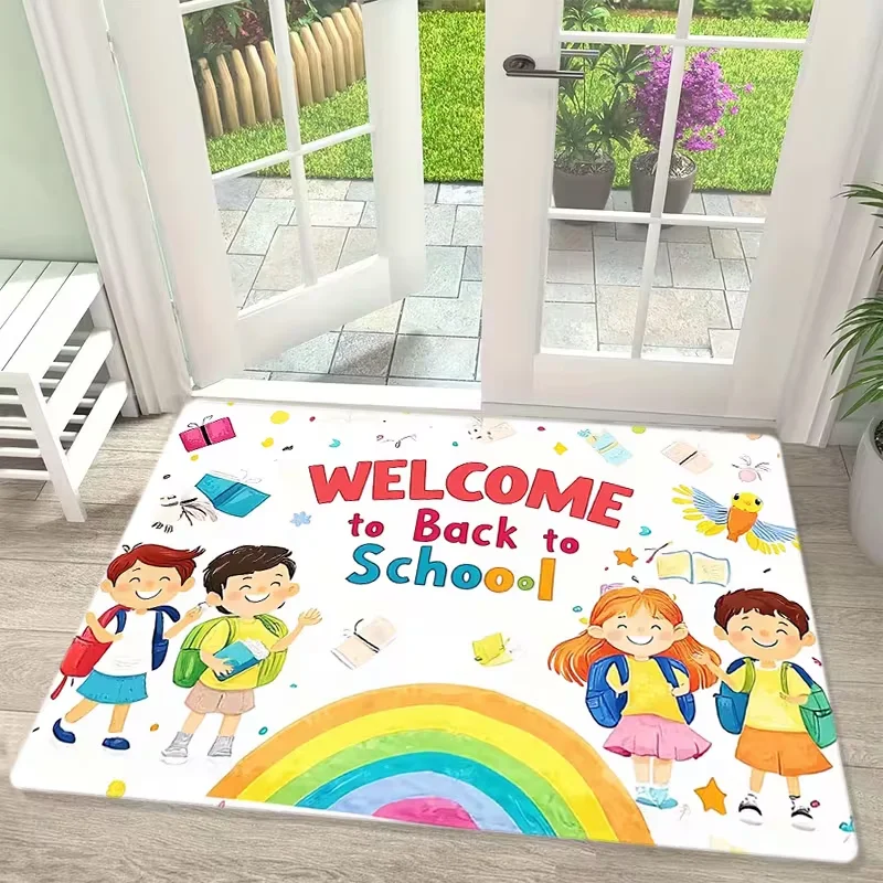 Colorful Welcome School Print Doormat Book Backpack Globe Pattern Non Slip Floor Rug Teacher Classroom Entrance Decor Mat